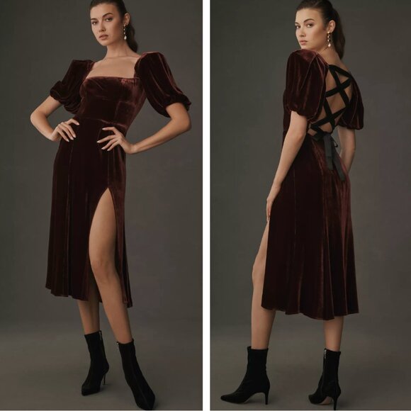 RARE Reformation Jocelyn Velvet Midi Dress Sz2 Burgundy Wine Back Tie Holiday